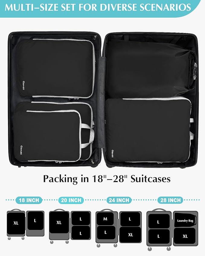Gonex Compression Packing Cubes, 5pcs Expandable Storage Travel Luggage Bags Organizers with Laundry Bag (Black)