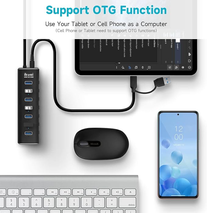 Powered USB 3.0 /USB C Hub, ikuai Aluminium 7-Port USB Hub Splitter with AC Adapter LED Individual On/Off Switches and 3.3ft Extended Long Cable for Laptop, Mac, PC, Flash Drive, Mobile HDD