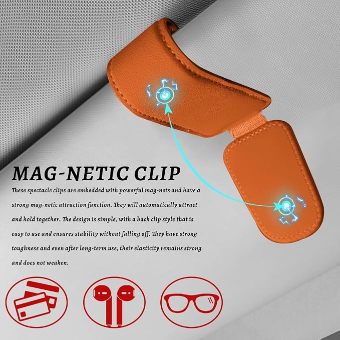 Sunglass Holder for Car, Car Sunglass Holder, Magnetic Leather Sunglasses Holder and Ticket Card Clip, Auto Multi-Functional Sun Visor Eyeglass Holders for SUV Pickup Truck (Orange)