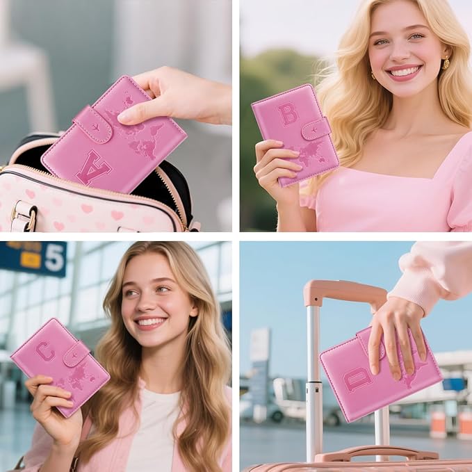 Passport Holder Cover Initail Letter A-Z Travel Wallet Embossed Design RFID Blocking Card Holder Personalized Gift Passport Cover Wallet, Passport Book Holders for Women and Girls, Pink-D