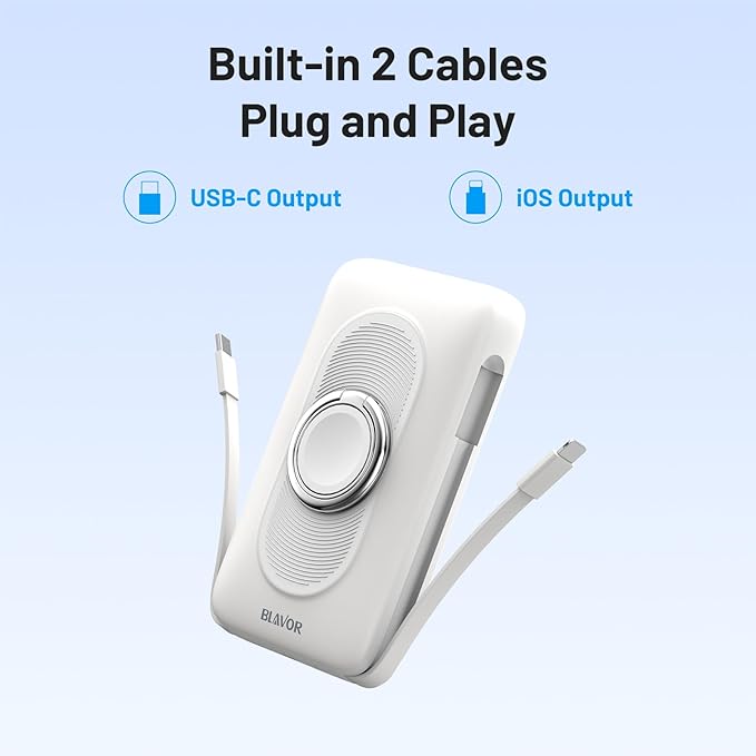 BLAVOR for Magsafe Portable Charger with Built-in Cables, 10000mAh Wireless Magnetic Power Bank with Stand, USB C 20W PD Fast Charging Travel Battery Pack for iPhone 17/16/15/14/13/12 and Apple Watch