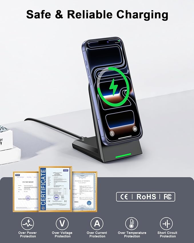 NANAMI Magnetic Wireless Charger Stand 25W Fast Charging with 30W PD Adapter for iPhone 17/16/15/14/13/12, N52 Magnetic Alignment, 360° Adjustable Phone Charger Stand, Auto-Dim LED & Safety Protection
