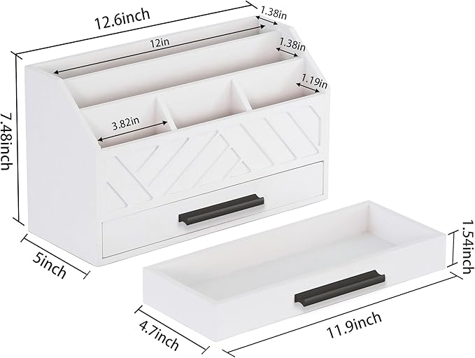Wood Desk Organizer and Accessories with Drawer, Bill Mail Organizer and File Mail Holder for Office Supplies, Modern Desk Accessories & Workspace Organizers for Desk Organization