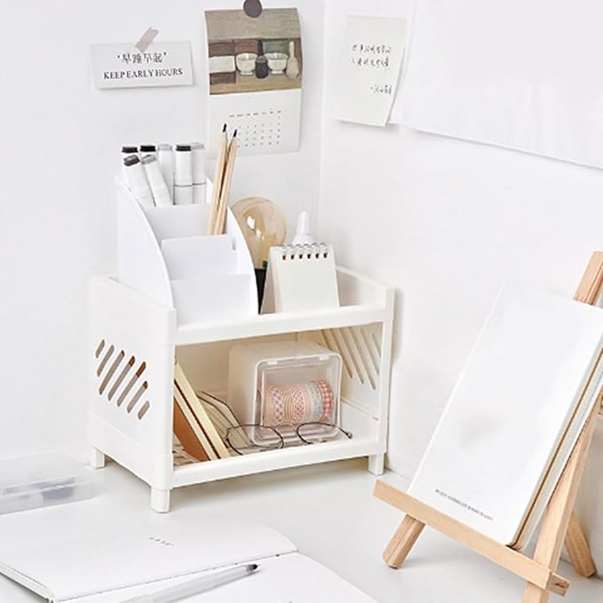 Pissente Desktop Storage Shelf, Plastic Double Layer Desktop Storage Rack Multifunctional Practical Desktop Organizer for Home Office Desk Living Room Bedroom Desk Storage, White