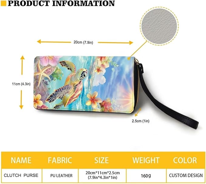 Bulopur Floral Sea Turtle Wallet for Women Tropical Hibiscus Floral Wristlet Wallet Purse Envelope Long Wallets PU Leather Travel Wallet Passport Holder for Ladies