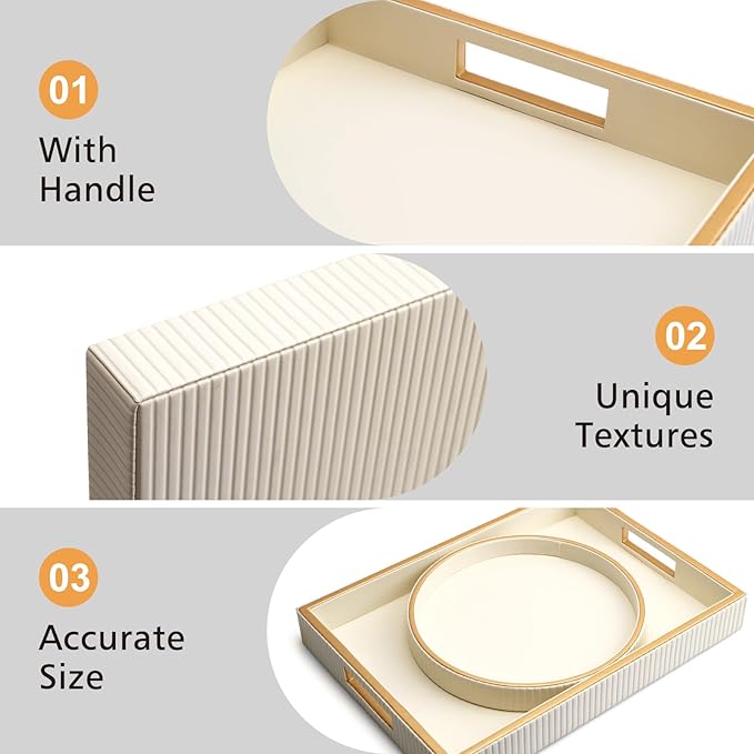 SANZIE Leather Tray Desktop Storage Organizer Premium Serving Tray Decorative Tray Valet Tray for Sundries Cosmetics Phone Wallet Cutlery (White Platter)