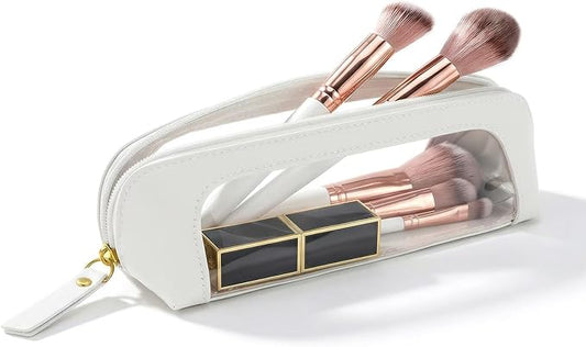 LETGO Small Clear Makeup Bag, PU Leather Travel Makeup Brush Case Portable Transparent Waterproof Cosmetic Organizer Pouch with Zipper for Women Home Travel Office Cosmetic Storage (Chic White)