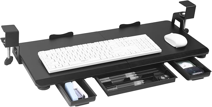 Large Keyboard Tray Under Desk Slide Out with Sturdy C-Clamp Mount and Storage Drawer, 27" (31" Including Clamps) x 12" Ergonomic Keyboard Trays for Home and Office, Black