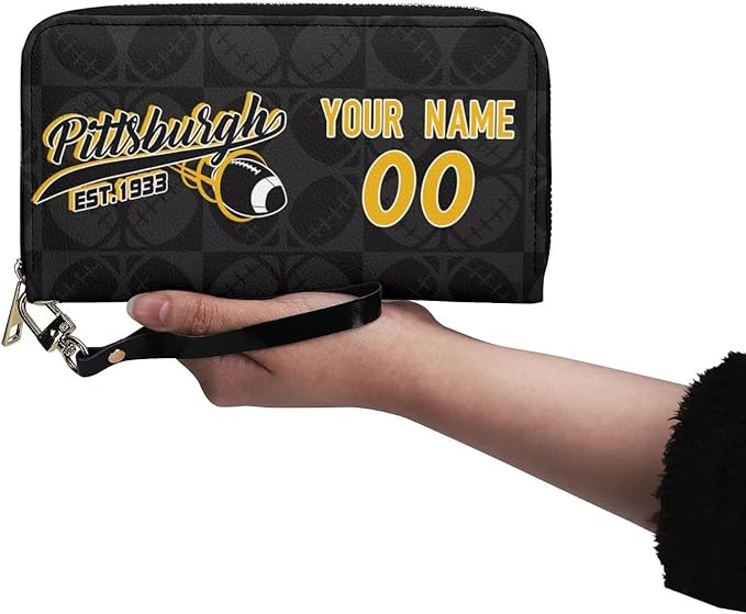 Custom Sports Team Zip Organizer Wallet-Personalized PU Leather Wallet with Name Number,Multi-Card Slots,Wrist Strap,Fan Gift for Men Women.