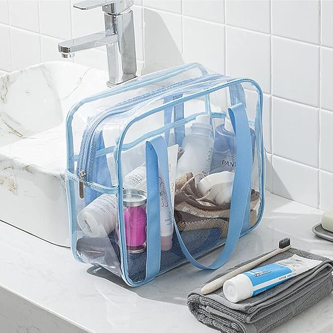 SxoSyo Clear Makeup Bags Large Travel Toiletry Bag for Women Transparent Bag with Handle Clear Cosmetic Bathroom Organizer PVC Zipper Closure Handbag Beach Bag (light blue)