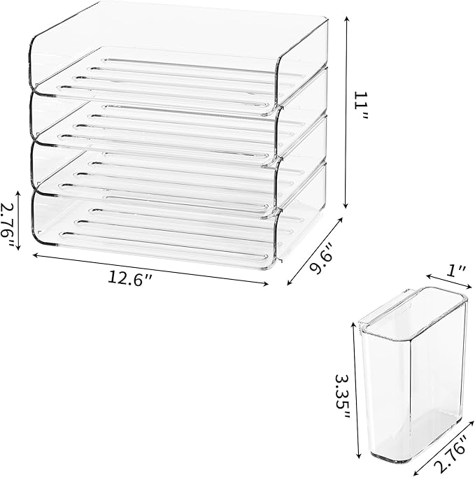 FANXIYQ 4-Tier Horizontal Acrylic Paper Tray Organizer with Pen Holder | Clear Stackable Desk Organizer for Documents, Letters, A4 Paper | Modern Office/Classroom/Home Organization
