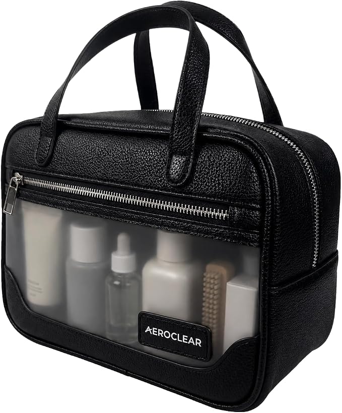 Premium Clear Toiletry Bag, TSA Approved Waterproof Organizer | Rigid structure, clear visibility, 3-compartment organization, sleek black finish