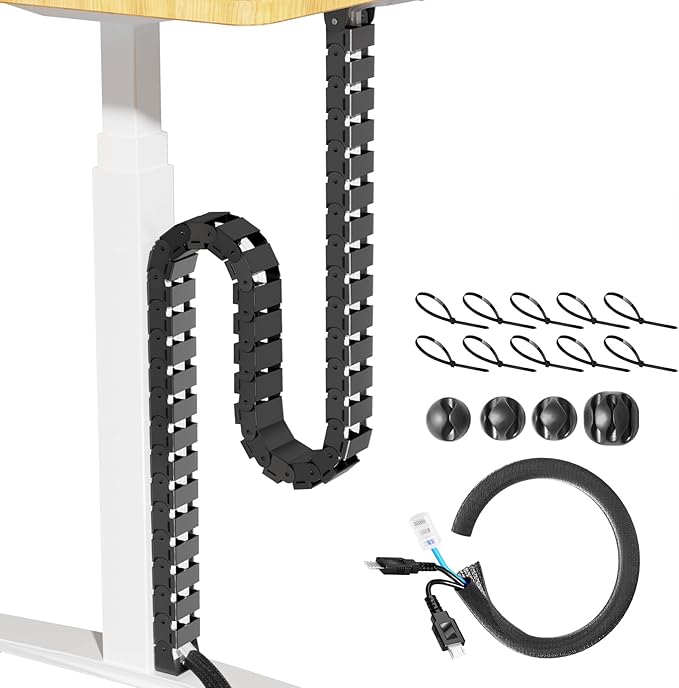 Cinati 52 Inch Vertebrae Cable Management, Black Under Desk Vertebrae Cable Management Kit, Adjustable Length Wire Sleeve for Standing Desk, Cord Organizer for Office - 2 Way Mounting (Tape or Screw)
