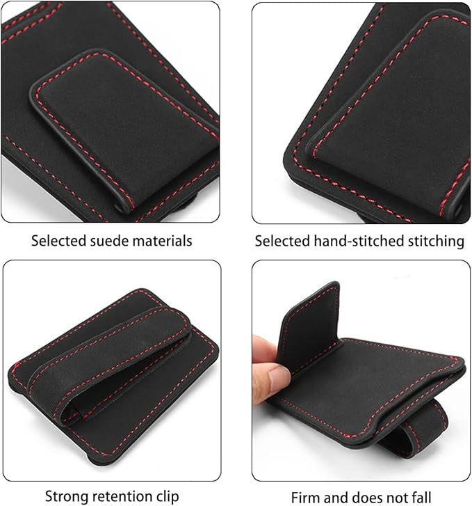 8sanlione Sunglasses Holder for Car Sun Visor, Magnetic Leather Glasses Hanger Clip, Eyeglass and Ticket Card Storage Mount, Auto Interior Accessories Universal for Vehicle SUV Truck (Black)