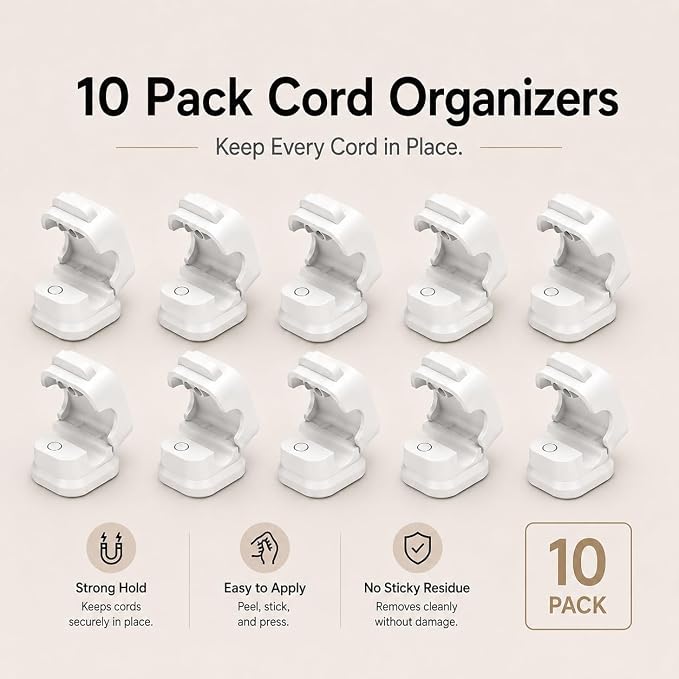 10 Pack Cable Organizer Clips, Adhesive Cord Holder for Desk, Office, Car & Nightstand, Spring Lock Cable Management with Strong Acrylic Adhesive, White
