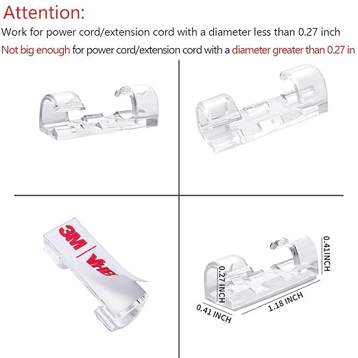 Self-Adhesive Cable Clips Organizer Drop Wire Holder Cord Management, Max Fitting Cable Diameter 0.27 inch, Pack of 20, Transparent