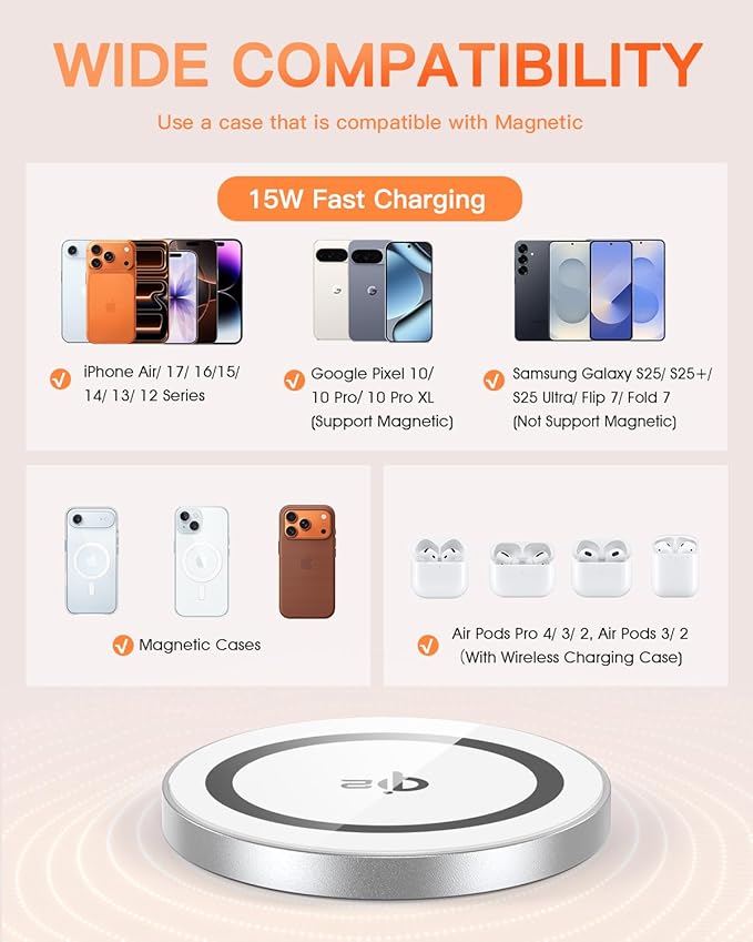 for Mag-Safe Charger 2 Pack,Qi2 Certified 15W Magnetic Wireless Charger Fast Charging Pad for iPhone 17 16 15 14 13 12&Airpods Pro 4 3 2 &Pixel 10 Series,Strong Magnet,Ultra-Thin