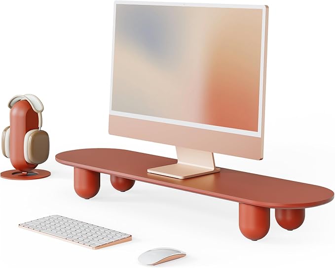 Fenge Monitor Riser, 34 Inch Dual Monitor Stand for Large Monitors, Desk Organizer with Wooden Shelf & Solid Wood Legs, Computer Stand for Laptop, TV, PC, Printer, Red