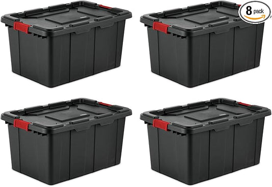 Sterilite 8-Pack Industrial Tote, Plastic Storage Bins with Lids, 27 Gallon, Black - Heavy-Duty Organizing Containers for Closet, Bathroom, and Office
