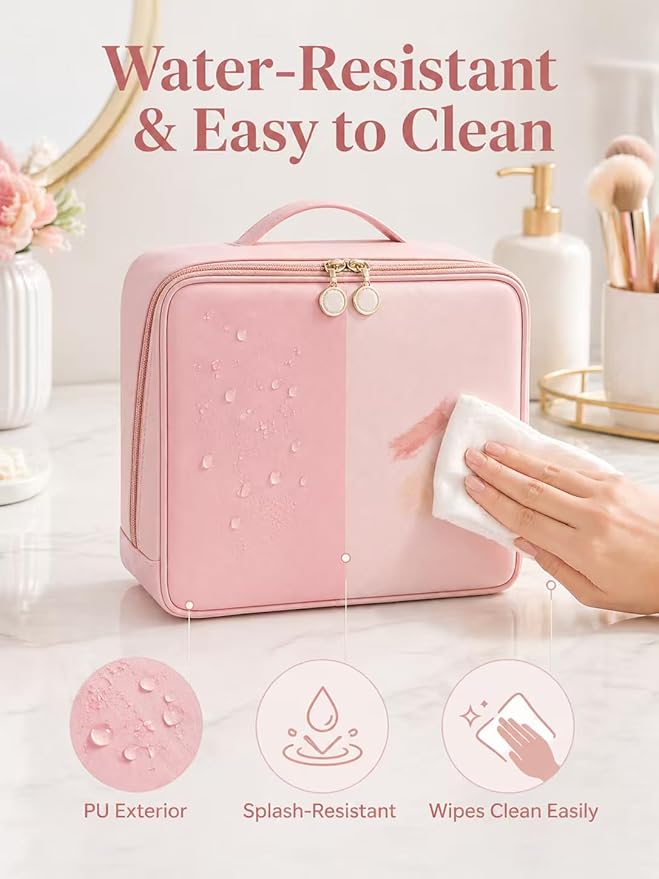 Large Travel Makeup Bag for Women, Large Makeup Bag Organizer with Brush Compartment, Upright Cosmetic Bag and Toiletry Bag, Wipe-Clean PU Makeup Pouch, Pink