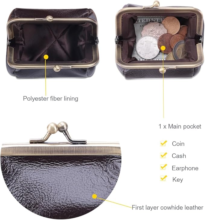 Genuine Leather Coin Purse for Women Small Kiss Lock Change Purse Clasp Coin Coin Holder Pouch Cute Wallet (Coffee)