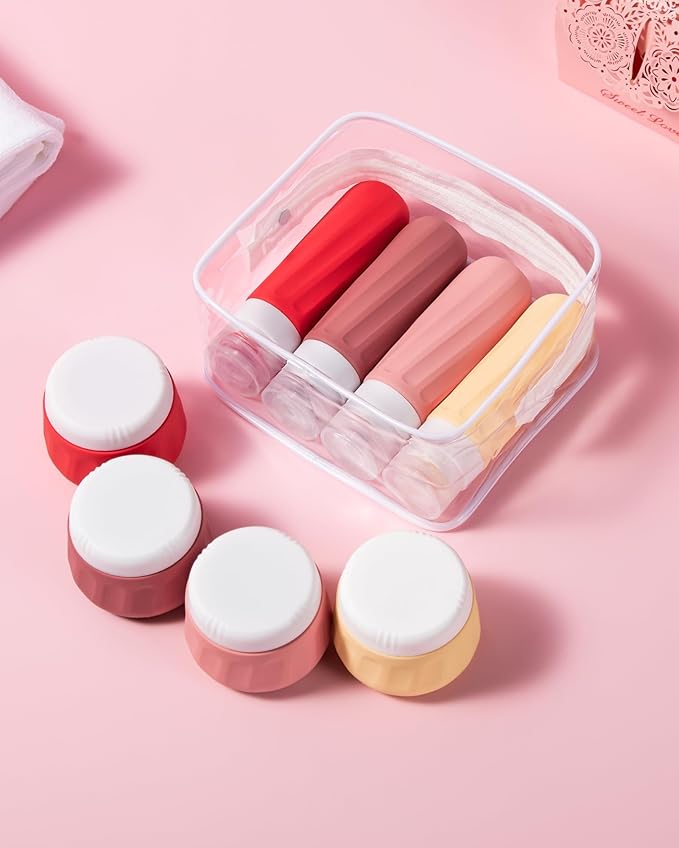Mrsdry Travel Size Toiletries 8 Pack, TSA Approved 3oz Silicone Squeeze Bottles & Cream Jars with Clear Travel Bag