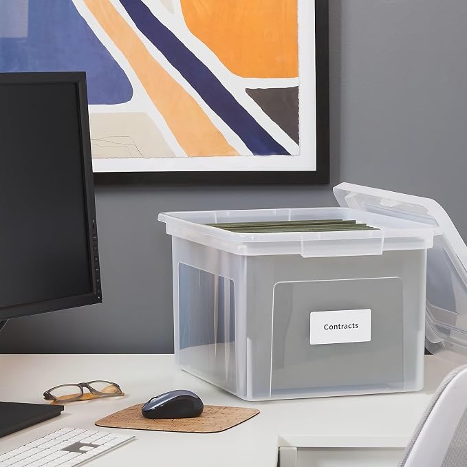STAPLES Plastic File Box with Snap Lid, Letter/Legal Size, Clear, 4/Carton