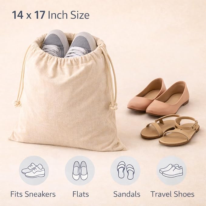 Cotton Shoe Bags with Drawstring | Dustproof, Washable Travel Shoe Pouch | Natural Canvas Organizer for Men & Women | Fits Sneakers, Sandals, Slippers | 14” x 17” (Pack of 2)