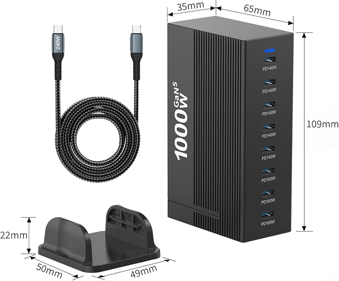 1000W 8-Port GaN5 Desktop Charging Station, High-Power USB Charging Hub with 5X 140W and 3X 100W PD Ports, Fast Charger for Laptops, Tablets, and Smartphones