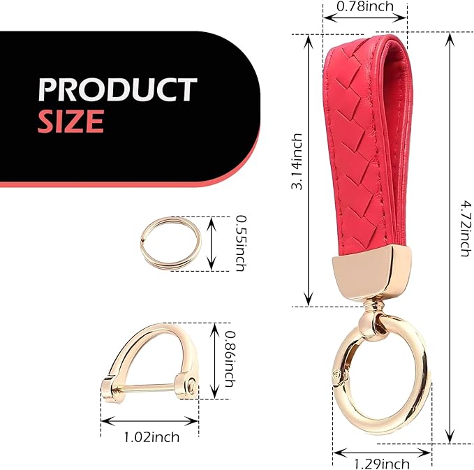 Car Keys Keychain, Leather Key Chain, Red Leather Wristlet Keychain with 2 Key Ring andAnti-Lost D-Ring, Keyfob holder for Women Men (Red)