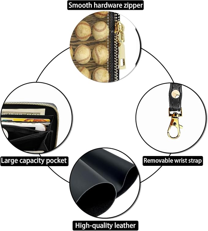 Women's Large Capacity Wallet PU Leather Zip Around Clutch Purse Multifunctional Wallet with Removable Wristlet Strap for Smart Phone/Coin/Card/Cash, Baseball Combination American Flag