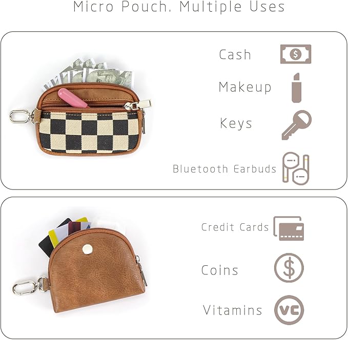 Checkered Dual Pouch Keychain Wallet for Women, Small Mini Zip Leather Coin Purse with Wrist Strap,wristlet hangbags,Brown