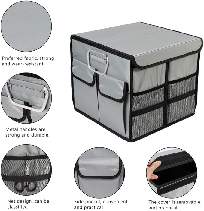 Car Trunk Organizer Collapsible Portable Multi Compartments Organizer with Non Slip Straps for SUV Truck Auto Vehicle Car Auto Minivan (Small covered, Space gray)