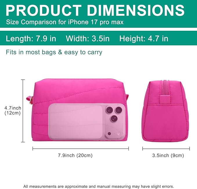 Travel Makeup Bag for Women, Small Cosmetic Bags Organizer Toiletry Bag, Nylon Pouch Travel Essentials Toiletries Accessories Brushes, Hot Pink