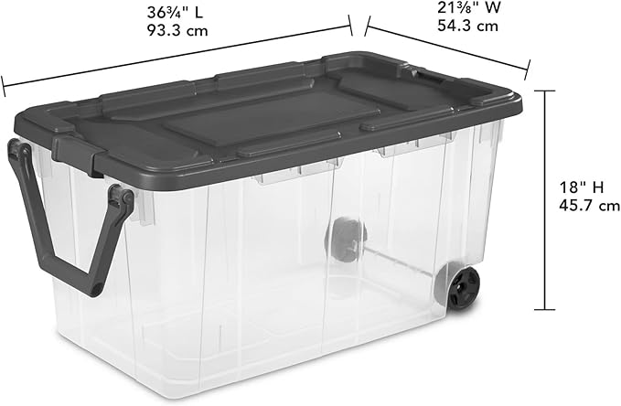 160 Quart Wheeled Stacker Tote, Extra Large Durable Clear Bin, Latch Lid and Pull Handle, 2 Count (Clear/Gray)