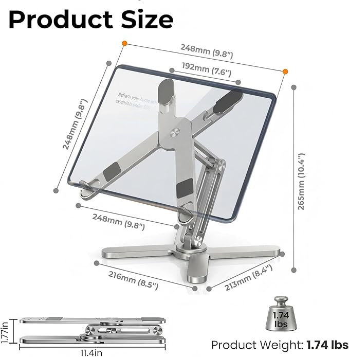 Atizzy 360 Rotating Laptop Stand for Desk, Ergonomic Foldable Aluminum Computer Riser, Adjustable Desktop Holder for Desk, Compatible with All Laptops up to 16 Inches, Silver