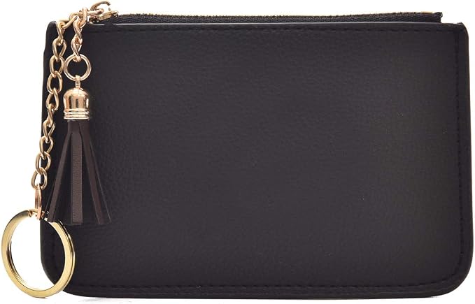 Coin Purse Change Wallet Pouch Leather Card Holder with Key Chain Tassel Zip(Black)