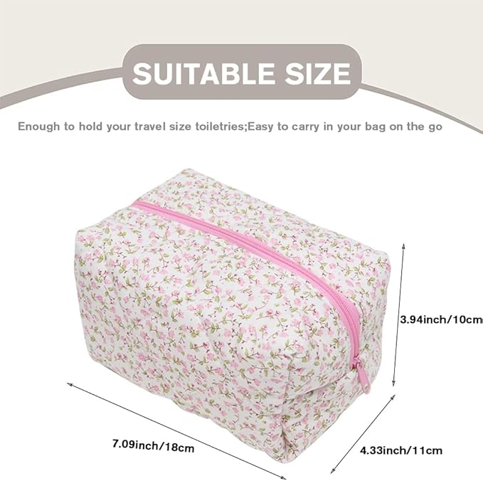 FITINI Makeup Bag Travel Large Portable Quilted Floral Print Cosmetic Organizer Cute Pouch for Women Soft Cotton Zipper Waterproof Toiletry Storage Bags