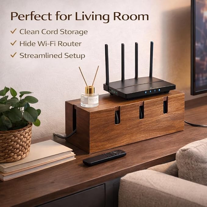 Cable Management Box for Desk & TV, Wooden Cord Hider Box for Power Strips, Chargers & Cords, Decorative Cable Organizer with 20 Reusable Cable Ties, Brown