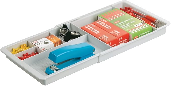 mDesign Expandable Plastic Drawer Organizer and Storage Container for Office Supplies - Gel Pen Pencil, Marker, Stationary, Desk Supply Holder for Drawers and Desktop - Lumiere Collection - Light Gray