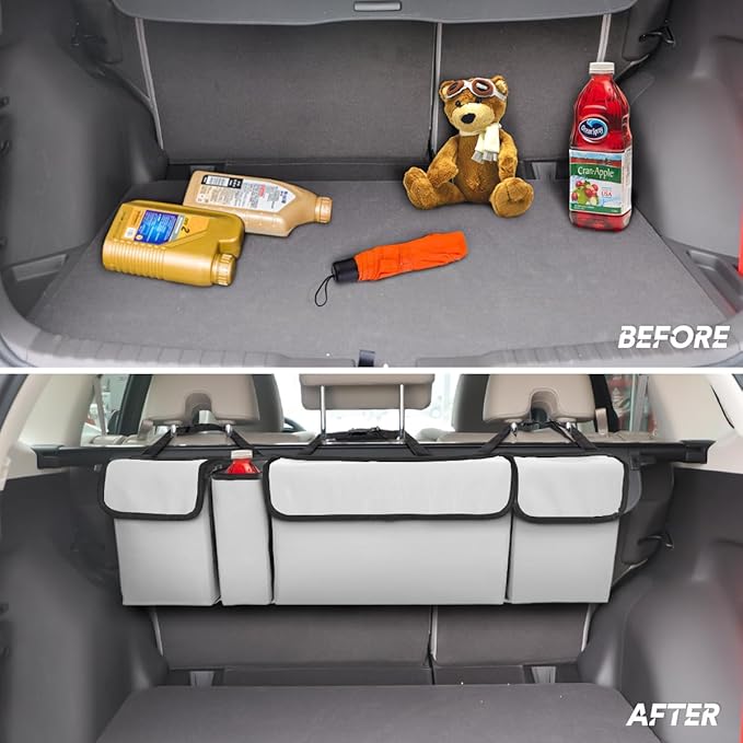 BELOMI Car Trunk Organizer, Auto Waterproof Sturdy Backseat Hanging Large Storage Collapsible Cargo Bag with Anti-Slip Adjustable Strip &4 Pockets, Vehicle Interior Accessories (White/Gray)