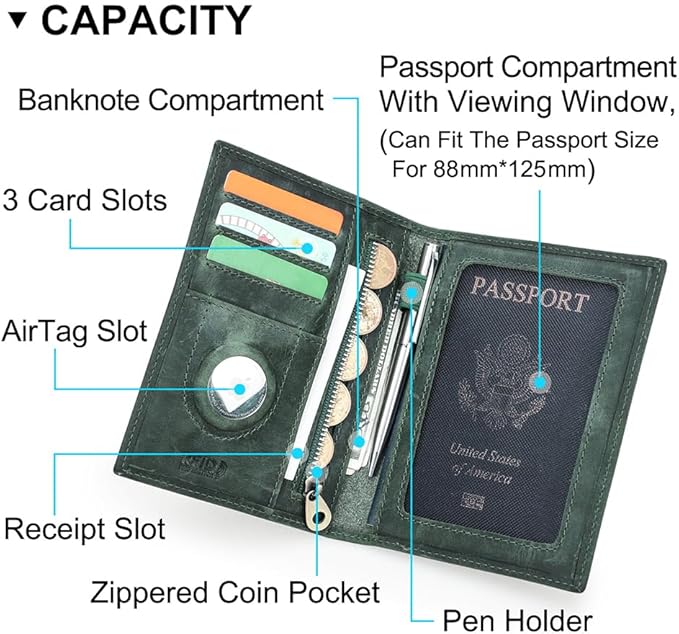 CONTACTS Full Grain Leather Passport Holder RFID Blocking Travel Passport Wallet Compatible with Airtag Passport Cover Case with 4 Cards Slots, Coin Pocket (Green)