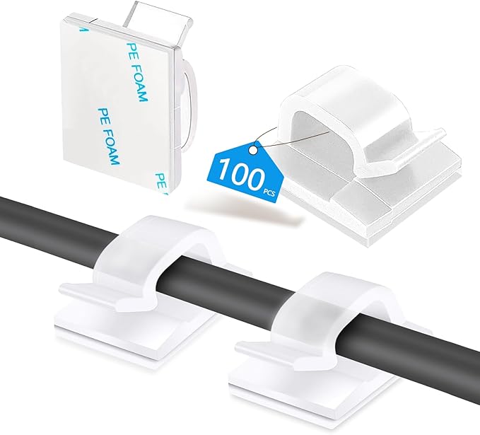 100PCS Cable Clips, Adhesive Wire Clips Organizer Cord Clips Management, Cable Staples Outdoor Strong for Wall, Desk, Christmas Lights, String Lights, TV PC Ethernet Cable, Clear Small