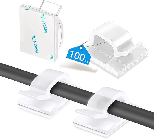 100PCS Cable Clips, Adhesive Wire Clips Organizer Cord Clips Management, Cable Staples Outdoor Strong for Wall, Desk, Christmas Lights, String Lights, TV PC Ethernet Cable, Clear Small