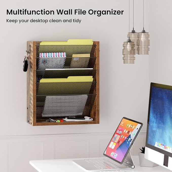Mail Organizer Wall Mounted, 6-Tier Wall File Organizer with 2 Hooks, Wooden Desk Organizer Magazine Holder with Bottom Flat Tray, for Office Home, Rustic Brown