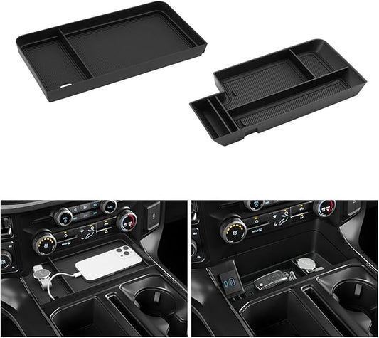 LUWU 2025 F150 Accessories for 2021-2024 2025 Ford F150 & 2022-2024 F150 Lightning XLT Hidden Storage Tray Center Console Organizer w/USB Hole Fits into The Open Pocket in Front of The Shifter 2-Pack