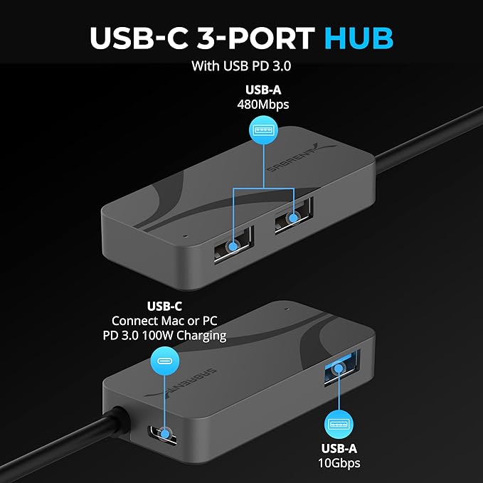 SABRENT USB-C Hub, 3-Port with 100W Power Delivery, 5Gbps USB-A & USB-C Ports, USB PD 3.0 for Laptops, Steam Deck, ROG Ally, Tablets, Phones (HB-C4WP)
