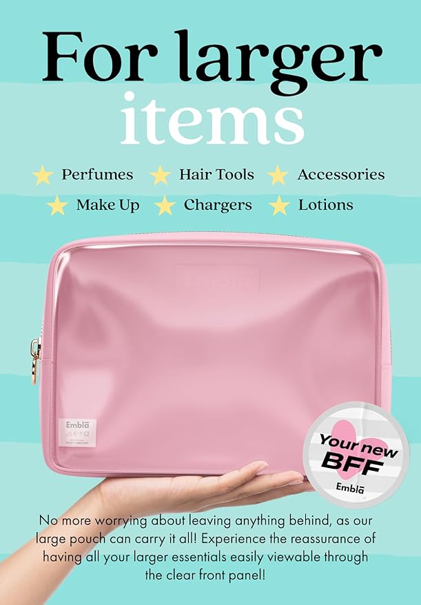 Embla Clear Large Makeup Bag Cute Big Make Up Nylon Pouches Travel Bathroom Bags for Toiletries XL Cosmetic Pouch for Women Girls Extra Large Zipper Toiletry Skincare Organizer Light Pink