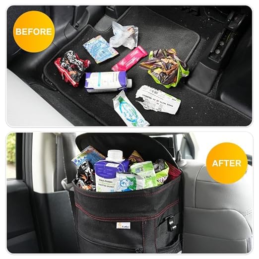 EcoNour Car Trash Can 2.5 Gallon with Lid & Storage Pockets | Waterproof Hanging Garbage Bin with Removable Inner Bag | Automotive Accessories for SUVs, Trucks & More | Black