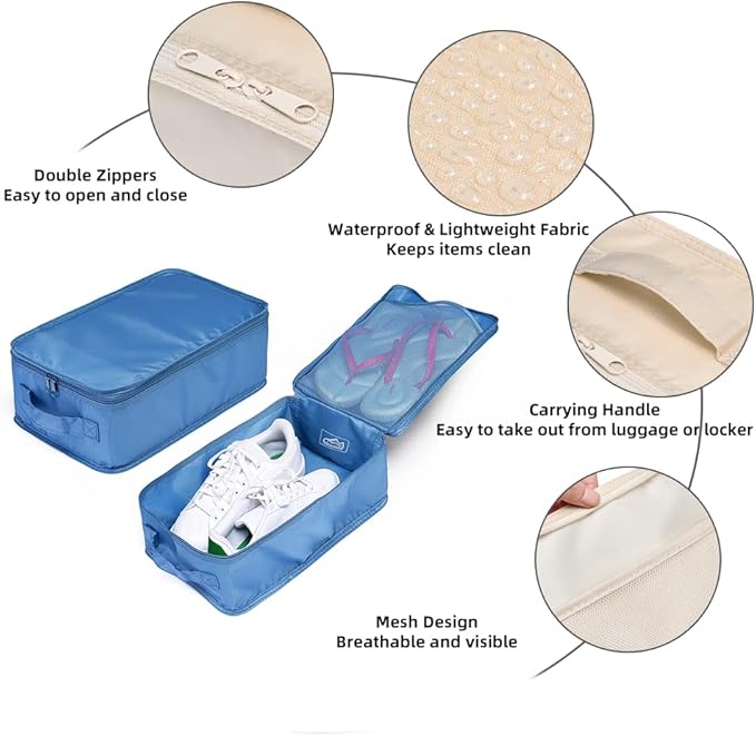 Travel Shoe Bags, Foldable Waterproof Shoe Pouches Organizer-Double Layer (2+2 Seablue Shoebags)